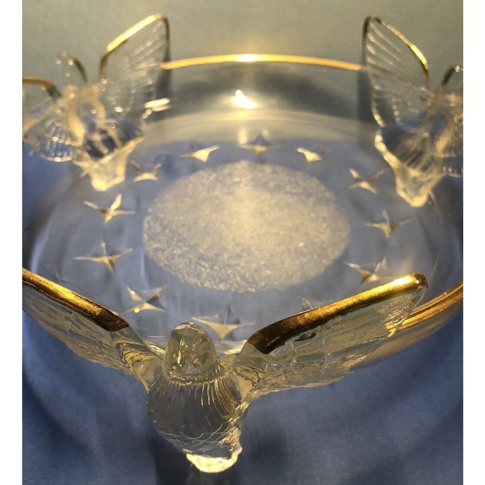 Glass Candy Dish Bowl American Eagle 3-Footed Embossed Stars Gold Trim Vintage - Picture 9 of 13